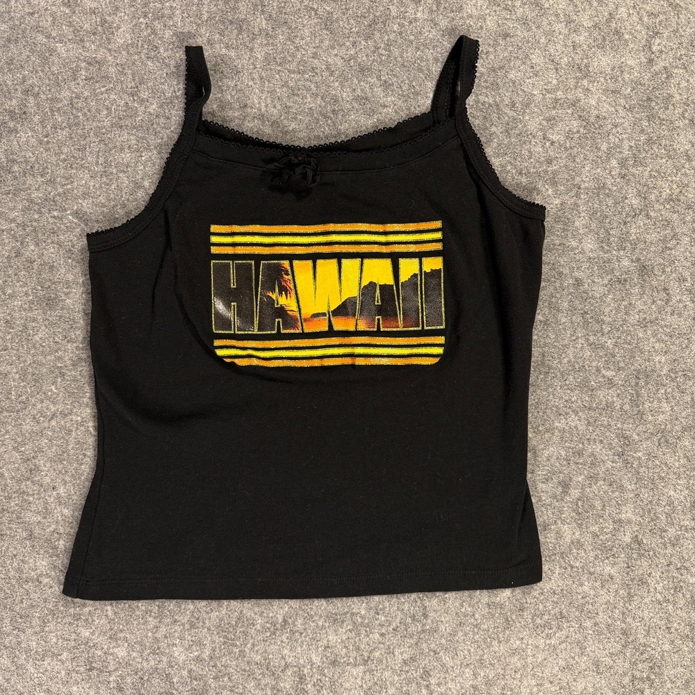 Y2K Xhilaration Tank Top Womens Large Black Hawaii Graphic Cami Baby‎ Tee Crop